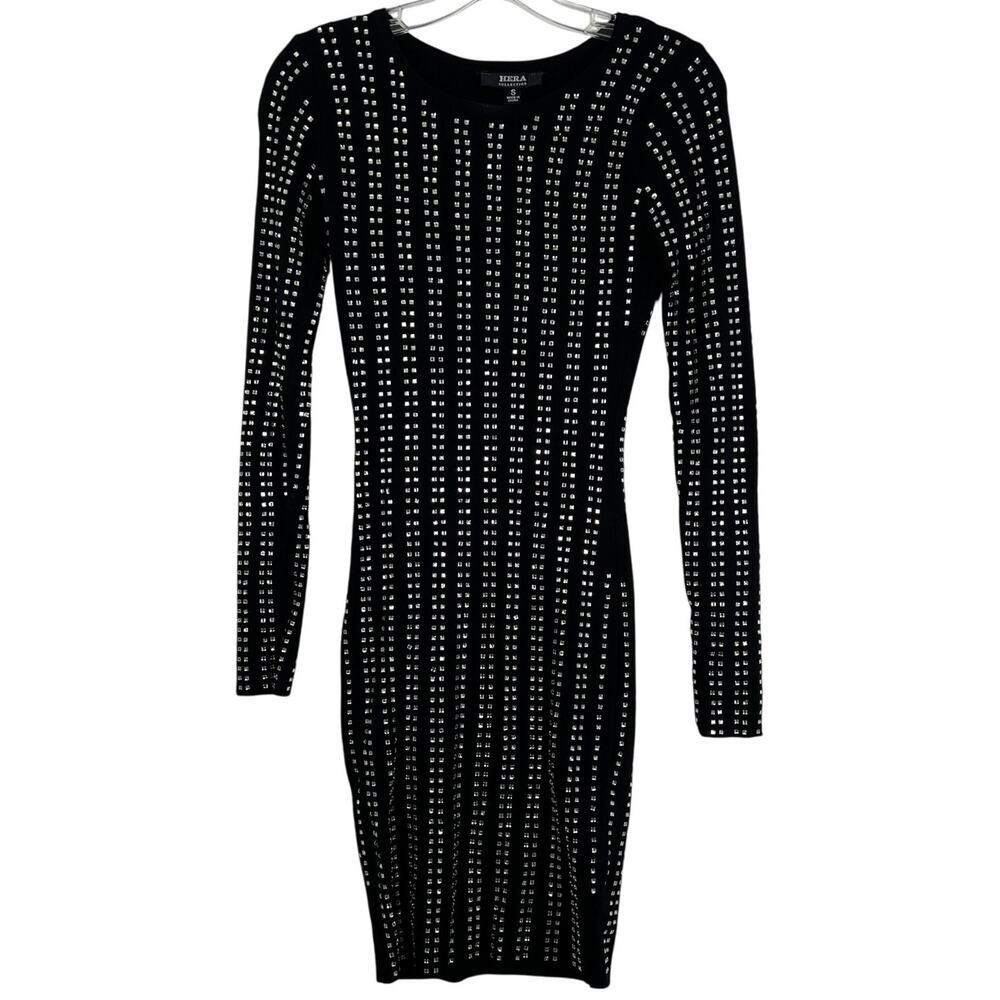 HERA Collection Women's Retro Bodycon Studded Black Dress Long Sleeves Size S